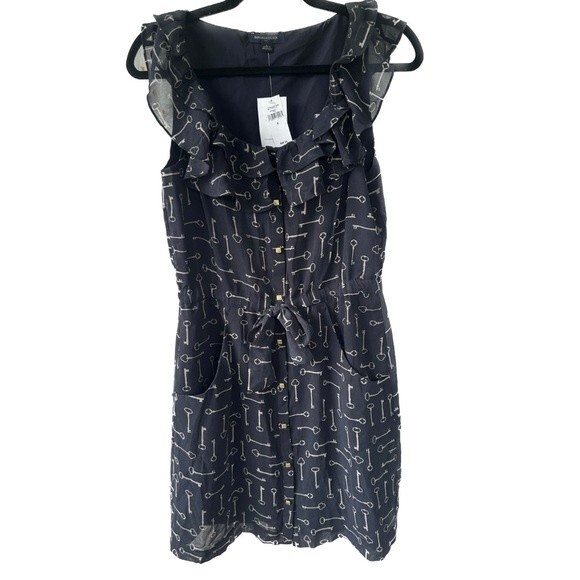 Banana Republic Factory NWT Button Down Ruffle Neckline Key Print Lined Dress 6 - Picture 1 of 6